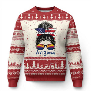 Patriotic Arizona Messy Bun Girl Graphic Ugly Christmas Sweater American Flag Sunglasses Southwest State Pride Souvenir