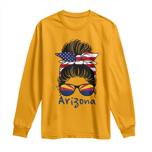 Patriotic Arizona Messy Bun Girl Graphic Long Sleeve Shirt American Flag Sunglasses Southwest State Pride Souvenir