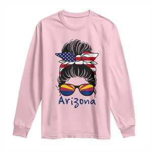 Patriotic Arizona Messy Bun Girl Graphic Long Sleeve Shirt American Flag Sunglasses Southwest State Pride Souvenir