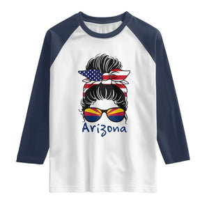 Patriotic Arizona Messy Bun Girl Graphic Raglan Shirt American Flag Sunglasses Southwest State Pride Souvenir