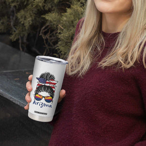 Patriotic Arizona Messy Bun Girl Graphic Tumbler Cup American Flag Sunglasses Southwest State Pride Souvenir
