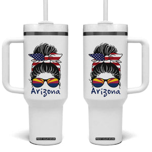 Patriotic Arizona Messy Bun Girl Graphic Tumbler With Handle American Flag Sunglasses Southwest State Pride Souvenir