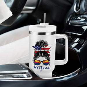 Patriotic Arizona Messy Bun Girl Graphic Tumbler With Handle American Flag Sunglasses Southwest State Pride Souvenir