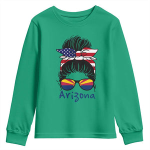 Patriotic Arizona Messy Bun Girl Graphic Youth Sweatshirt American Flag Sunglasses Southwest State Pride Souvenir