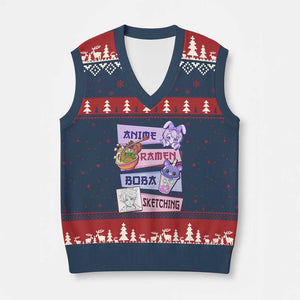 Anime Ramen Boba Sketching V-Neck Knit Sweater Vest Kawaii Girl Bubble Tea Otaku Manga Lover Japanese Pop Culture TS02 Navy Red Print Your Wear