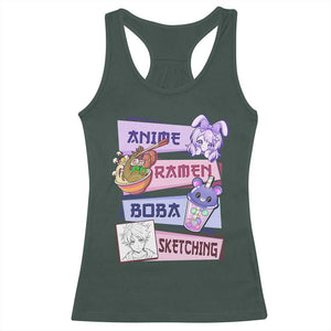 Anime Ramen Boba Sketching Racerback Tank Top Kawaii Girl Bubble Tea Otaku Manga Lover Japanese Pop Culture TS02 Dark Forest Green Print Your Wear