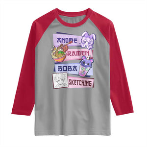 Anime Ramen Boba Sketching Raglan Shirt Kawaii Girl Bubble Tea Otaku Manga Lover Japanese Pop Culture TS02 Sport Gray Red Print Your Wear