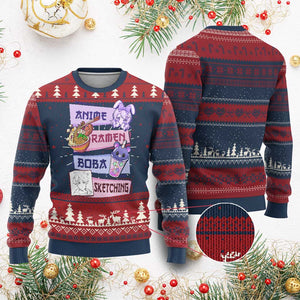 Anime Ramen Boba Sketching Ugly Christmas Sweater Kawaii Girl Bubble Tea Otaku Manga Lover Japanese Pop Culture TS02 Burgundy Print Your Wear