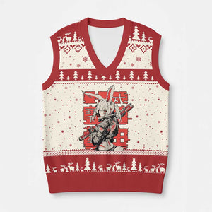 Anime Manga Cyberpunk V-Neck Knit Sweater Vest Techwear Harajuku Style Bunny Girl TS02 Beige Red Print Your Wear