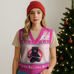 Japanese Ninja Cat V-Neck Knit Sweater Vest Ancient Japan Warrior Samurai Tattoo Kawaii Vintage TS02 Hot Pink Print Your Wear