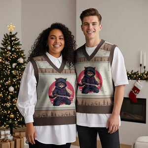 Japanese Ninja Cat V-Neck Knit Sweater Vest Ancient Japan Warrior Samurai Tattoo Kawaii Vintage TS02 Mocha Mousse Print Your Wear