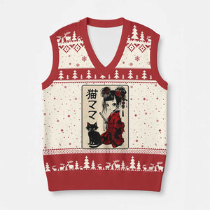 Japanese Gothic Kawaii Anime Samurai Cat V-Neck Knit Sweater Vest Japan Female Bushido Graphic With Kanji Retro Vintage TS02 Beige Red Print Your Wear