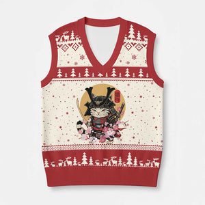 Japanese Samurai Cat V-Neck Knit Sweater Vest Ancient Ninja Kitten Warrior Tattoo Kawaii Otaku Retro TS02 Beige Red Print Your Wear