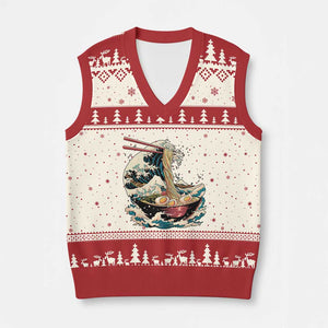 Japanese Kanagawa Wave Ramen Bowl Graphic V-Neck Knit Sweater Vest Retro Anime Noodles Art TS02 Beige Red Print Your Wear