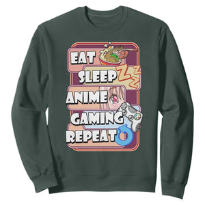 Eat Sleep Anime Gaming Repeat Sweatshirt Kawaii Otaku Manga Ramen Lover TS02 Dark Forest Green Print Your Wear