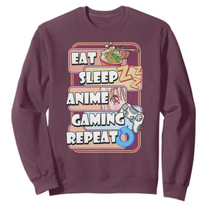 Eat Sleep Anime Gaming Repeat Sweatshirt Kawaii Otaku Manga Ramen Lover TS02 Maroon Print Your Wear