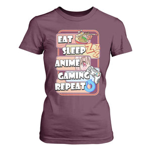 Eat Sleep Anime Gaming Repeat T Shirt For Women Kawaii Otaku Manga Ramen Lover TS02 Maroon Print Your Wear