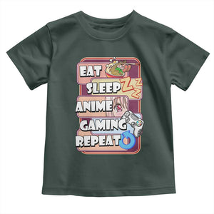 Eat Sleep Anime Gaming Repeat Toddler T Shirt Kawaii Otaku Manga Ramen Lover TS02 Dark Forest Green Print Your Wear