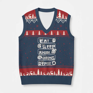 Eat Sleep Anime Gaming Repeat V-Neck Knit Sweater Vest Otaku Gamer Manga Lover TS02 Navy Red Print Your Wear