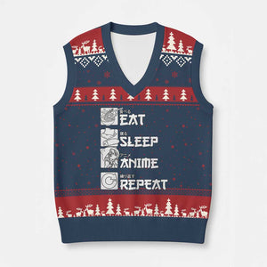 Eat Sleep Anime Repeat V-Neck Knit Sweater Vest Japan Otaku Manga Lover TS02 Navy Red Print Your Wear