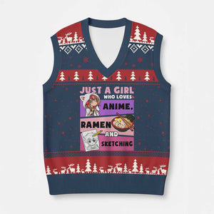 Just A Girl Who Loves Anime Ramen And Sketching V-Neck Knit Sweater Vest Cute Japan Kawaii Otaku Manga Lover TS02 Navy Red Print Your Wear