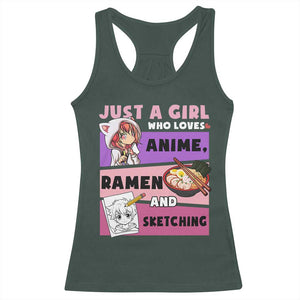 Just A Girl Who Loves Anime Ramen And Sketching Racerback Tank Top Cute Japan Kawaii Otaku Manga Lover TS02 Dark Forest Green Print Your Wear