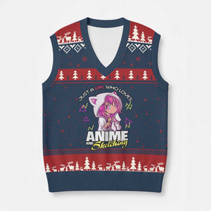 Just A Girl Who Loves Anime and Sketching V-Neck Knit Sweater Vest Japan Kawaii Otaku Manga Lover TS02 Navy Red Print Your Wear