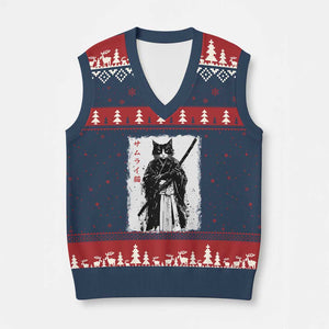 Japanese Samurai Cat V-Neck Knit Sweater Vest Retro Vintage Ukiyo-e Warrior Art Graphic TS02 Navy Red Print Your Wear