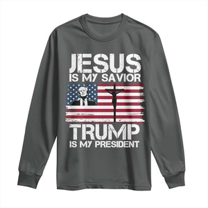 Christian Trump 2024 Long Sleeve Shirt Jesus Is My Savior Trump Is My President Christ Cross American Flag TS02 Dark Heather Print Your Wear