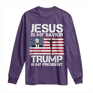Christian Trump 2024 Long Sleeve Shirt Jesus Is My Savior Trump Is My President Christ Cross American Flag TS02 Purple Print Your Wear