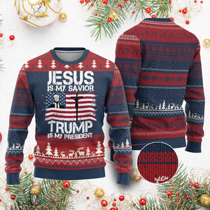 Christian Trump 2024 Knit Sweatshirt Jesus Is My Savior Trump Is My President Christ Cross American Flag TS02 Burgundy Print Your Wear