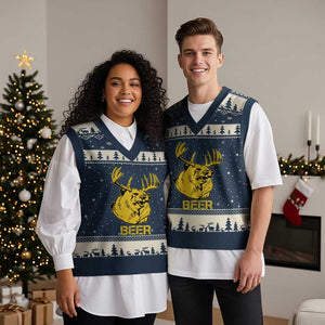 Funny Deer Hunting V-Neck Knit Sweater Vest Bear Plus Deer Equals Beer USA Hunter TS02 Navy Beige Print Your Wear