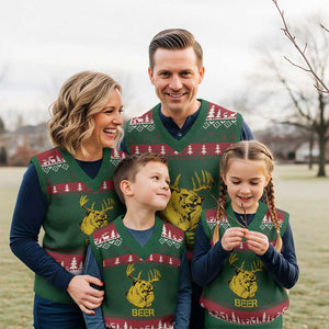 Funny Deer Hunting V-Neck Knit Sweater Vest Bear Plus Deer Equals Beer USA Hunter TS02 Red Green Print Your Wear