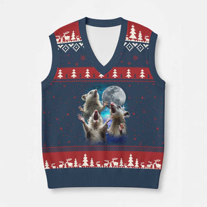 Funny Opossum Meme V-Neck Knit Sweater Vest Three Possum Screaming Under The Moon Weird Cursed Meme TS02 Navy Red Print Your Wear