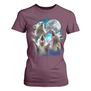 Funny Opossum Meme T Shirt For Women Three Possum Screaming Under The Moon Weird Cursed Meme TS02 Maroon Print Your Wear