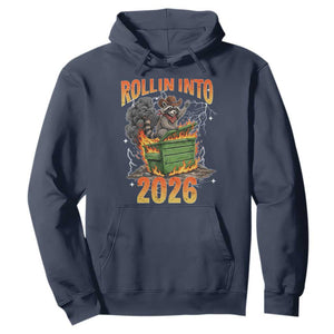Dumpster Fire Raccoon Meme for Surviving 2025 Hoodie Rollin Into 2026 Trash Panda Energy TS02 Navy Print Your Wear