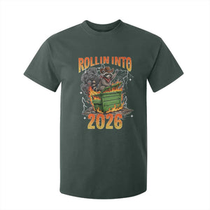 Dumpster Fire Raccoon Meme for Surviving 2025 T Shirt For Kid Rollin Into 2026 Trash Panda Energy TS02 Dark Forest Green Print Your Wear