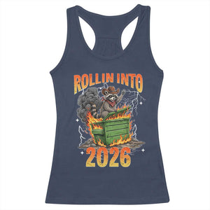 Dumpster Fire Raccoon Meme for Surviving 2025 Racerback Tank Top Rollin Into 2026 Trash Panda Energy TS02 Navy Print Your Wear