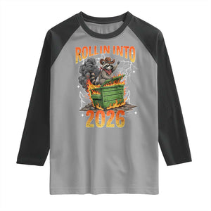 Dumpster Fire Raccoon Meme for Surviving 2025 Raglan Shirt Rollin Into 2026 Trash Panda Energy TS02 Sport Gray Black Print Your Wear