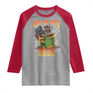Dumpster Fire Raccoon Meme for Surviving 2025 Raglan Shirt Rollin Into 2026 Trash Panda Energy TS02 Sport Gray Red Print Your Wear
