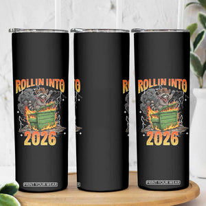 Dumpster Fire Raccoon Meme for Surviving 2025 Skinny Tumbler Rollin Into 2026 Trash Panda Energy TS02 Print Your Wear