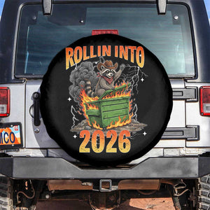 Dumpster Fire Raccoon Meme for Surviving 2025 Spare Tire Cover Rollin Into 2026 Trash Panda Energy TS02 No hole Black Print Your Wear