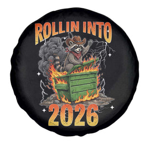 Dumpster Fire Raccoon Meme for Surviving 2025 Spare Tire Cover Rollin Into 2026 Trash Panda Energy TS02 Print Your Wear