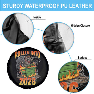 Dumpster Fire Raccoon Meme for Surviving 2025 Spare Tire Cover Rollin Into 2026 Trash Panda Energy TS02 Print Your Wear
