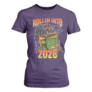 Dumpster Fire Raccoon Meme for Surviving 2025 T Shirt For Women Rollin Into 2026 Trash Panda Energy TS02 Purple Print Your Wear
