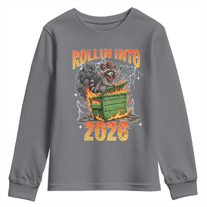Dumpster Fire Raccoon Meme for Surviving 2025 Youth Sweatshirt Rollin Into 2026 Trash Panda Energy TS02 Charcoal Print Your Wear