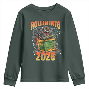 Dumpster Fire Raccoon Meme for Surviving 2025 Youth Sweatshirt Rollin Into 2026 Trash Panda Energy TS02 Dark Forest Green Print Your Wear