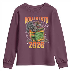 Dumpster Fire Raccoon Meme for Surviving 2025 Youth Sweatshirt Rollin Into 2026 Trash Panda Energy TS02 Maroon Print Your Wear