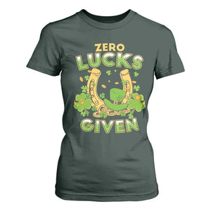 Funny St Patricks Day T Shirt For Women Zero Lucks Given Irish Shamrock TS02 Dark Forest Green Print Your Wear