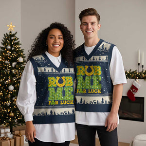 Funny St Patricks Day V-Neck Knit Sweater Vest Rub Me For Luck Shamrock Adult Humor TS02 Navy Beige Print Your Wear